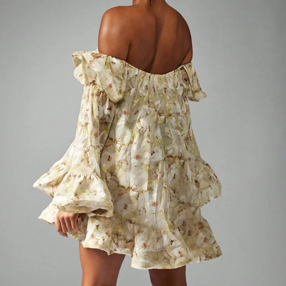 Yellow Boho Women's Chiffon Off Shoulder Floral Ruffle Bell Sleeve Mini Dress